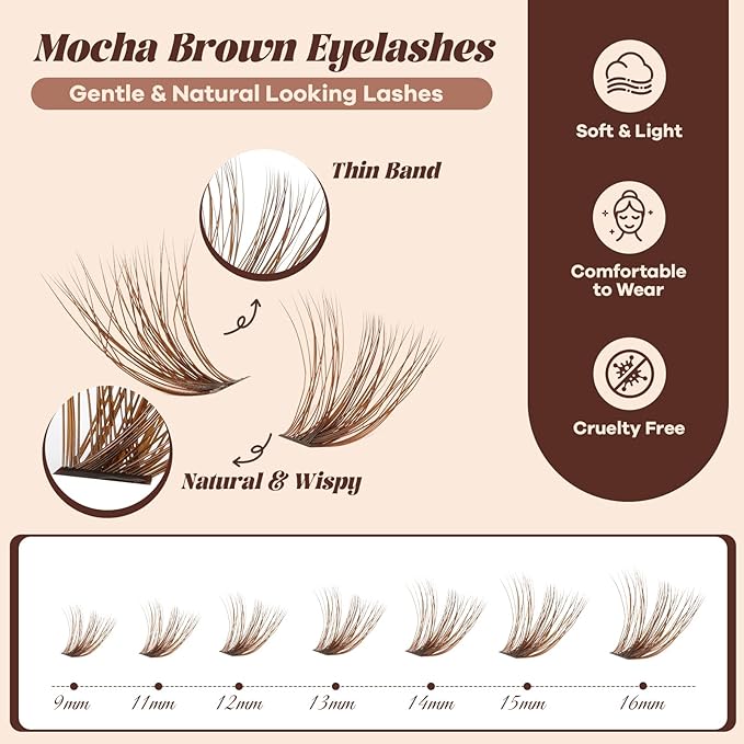 B&Q Mocha Brown Lash Clusters | 280 Pcs Brown Wispy & Natural Eyelash Clusters for Beginner DIY, Complete Lash Extension with Beauty, Fake Eyelashes for Natural Look（40D+50D 9-16mm)