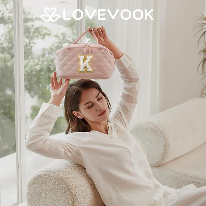 LOVEVOOK Travel Makeup Bag for Women, 2Pcs Puffer Waterproof Cosmetic Organizer, Large Capacity Pouch Open Flat Small Toiletry Bag with Brush Compartment & Handle (Pink-k, Medium)