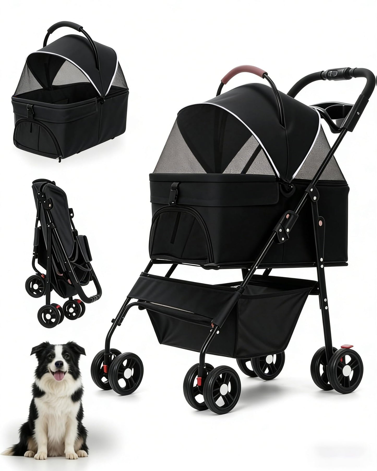 Pet Stroller with Removable Carrier, 35lbs Capacity - One-Click Foldable Dog Stroller, Cat Carrier & All-Terrain Wheels, Compact Travel Pet Stroller for Small to Medium Pets-Black