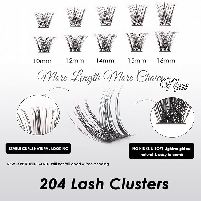 Lash Clusters 204 Pcs Individual Lashes Clusters Eyelash Extensions False Eyelashes DIY Lash Extension Kit Reusable False Eyelashes Natural Look Mix 10-16mm(DM01+DM17)