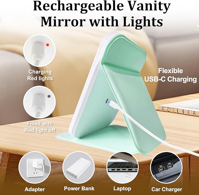 Rechargeable Travel Mirror with Light, LED Makeup Mirror with Lights, Portable Vanity Mirror with 3 Color Lighting, Touch Dimmable Lighted Cosmetic Mirror, Travel Essentials (Light Green)