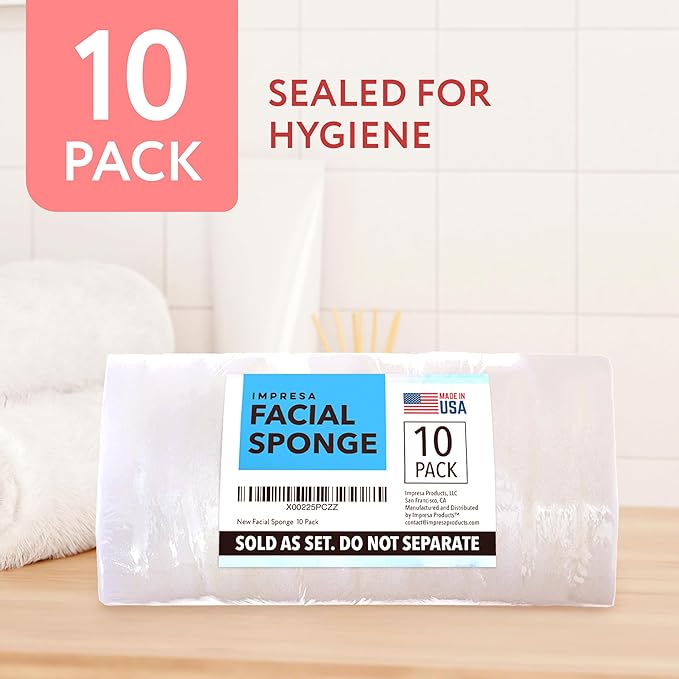 IMPRESA Facial Sponge - Daily Deep Cleansing Face Scrubber - Gentle Exfoliating Pads for Dead Skin Removal - Reusable Face Scrub Pads for Normal to Oily Skin - Pack of 10, White, Regular Puff Style