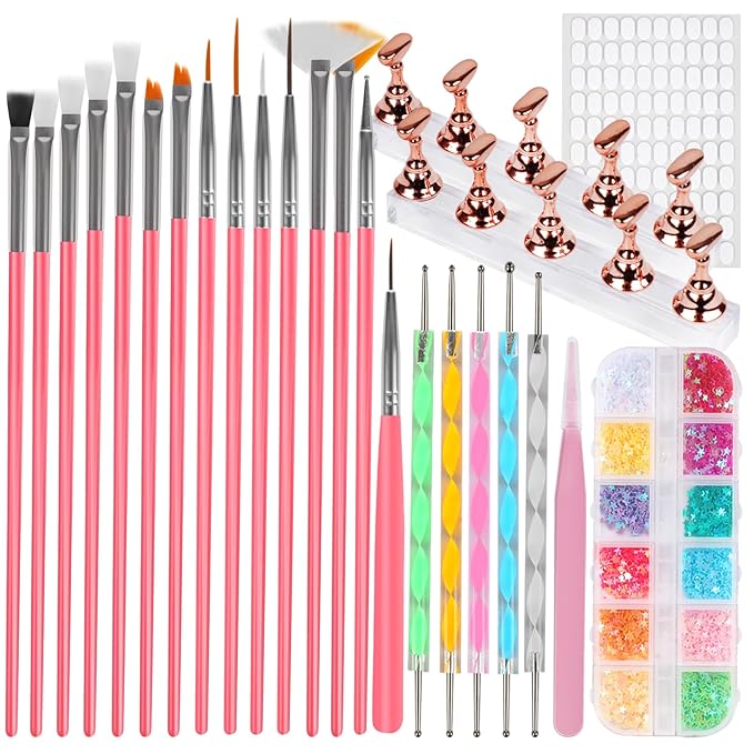 vivinin 25PCS Nail Art Tools Set, Includes Nail Art Brushes, Nail Stand, Dotting Tools, Striping Liner Fingernail Drawing Pens, Jelly Glue, tweezers, Sequins, Professional Nail Art Supplies Kit
