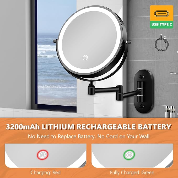 Auxmir 1X/30X Wall Mounted Lighted Makeup Mirror, 8" Rechargeable Double-Sided Magnifying Mirror with Light, Touch Dimmable 3 Color Light, 360° Rotation Foldable Extended Arm, Black