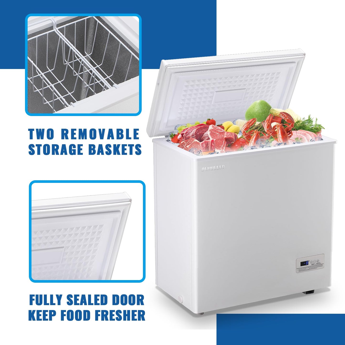 DEMULLER Large Capaity Deep Chest Freezer with Electronic Temperature Control Panel Compact Small Freezers with Two Baskets White (-12℉ to 50℉) Ideal for Kitchen Dorm Apartment