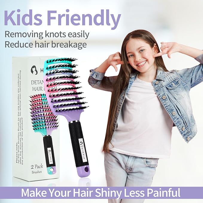 Hair Brushes for Women 2 Pack, HIPPIH Detangler Hair brush for Adult & Kids’ Wet or Dry Hair, Boar Bristle Hair Brush Getting Knots Out without Pain Adds Shine and Makes Hair Smooth