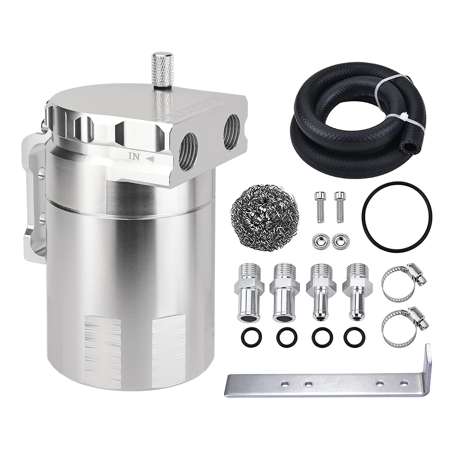 EVIL ENERGY Oil Catch Can, Universal Baffled Catch Can Kit with NBR Fuel Hose, 300ml Aluminum Air Oil Separator Tank for PCV System Silver