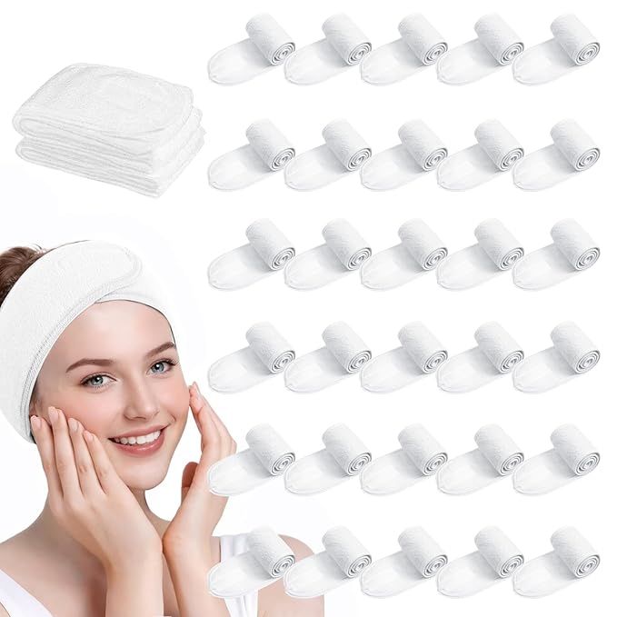 30 Pack Adjustable Spa Headband for Women – Non-Slip Facial Hair Wrap for Washing Face, Makeup, Shower, Skincare, and Yoga White