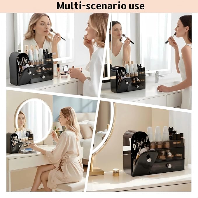 Makeup Organizer for Vanity with Covered Brush HolderÃ¯Â¼ÂBathroom Organizers with DrawerÃ¯Â¼ÂSkin Care OrganizerÃ¯Â¼ÂMakeup Organizers for Vanity with DrawerÃ¯Â¼ÂLarge Makeup Storage for Dresser, Black