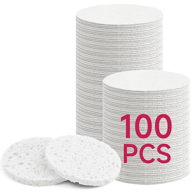 100 Count Compressed Facial Sponges 100% Natural Cellulose Eco-Friendly Makeup Sponges for Gentle Cleansing, Exfoliating & Stubborn Makeup Removal Travel for Women (Round white)
