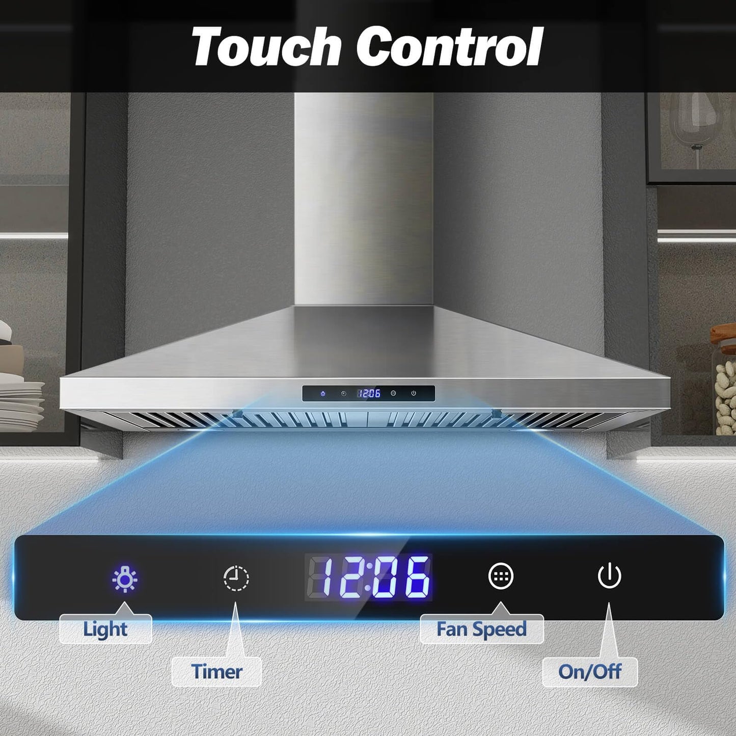 SNDOAS Range Hood 30 inches,Stainless Steel Wall Mount Range Hood,Vent Hood 30 inch w/Touch Control,Ducted/Ductless Convertible,Chimney-Style Over Stove Vent Hood,Kitchen Hood,Baffle Filters