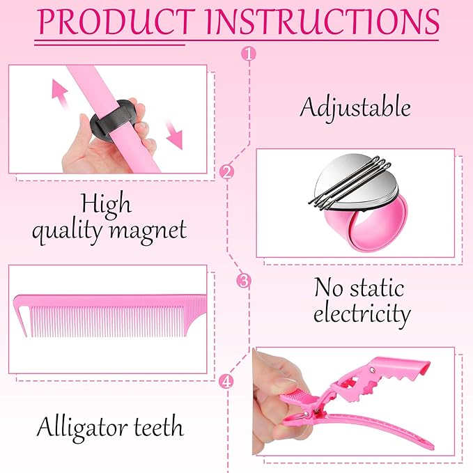 22 Pces Hair Braiding Tools with Magnetic Wrist Sewing Pincushion Pin Wristband Stainless Stitch Braid Finger Ring Tool Pintail Rat Tail Comb Sectioning Alligator Clips Salon Home(Pink)