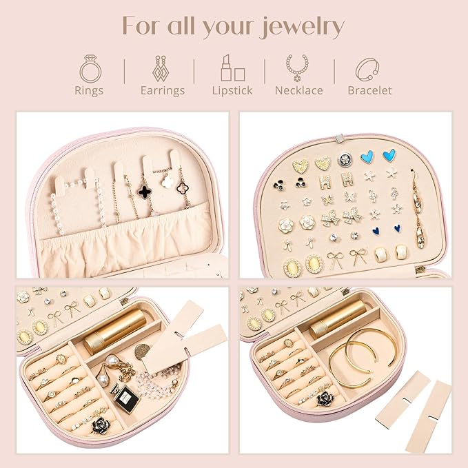 ProCase Travel Size Jewelry Box, Medium Portable Seashell-Shaped Jewelry Case, 2 Layer Jewelry Organizer in PU Leather for Women -Glossy Pink