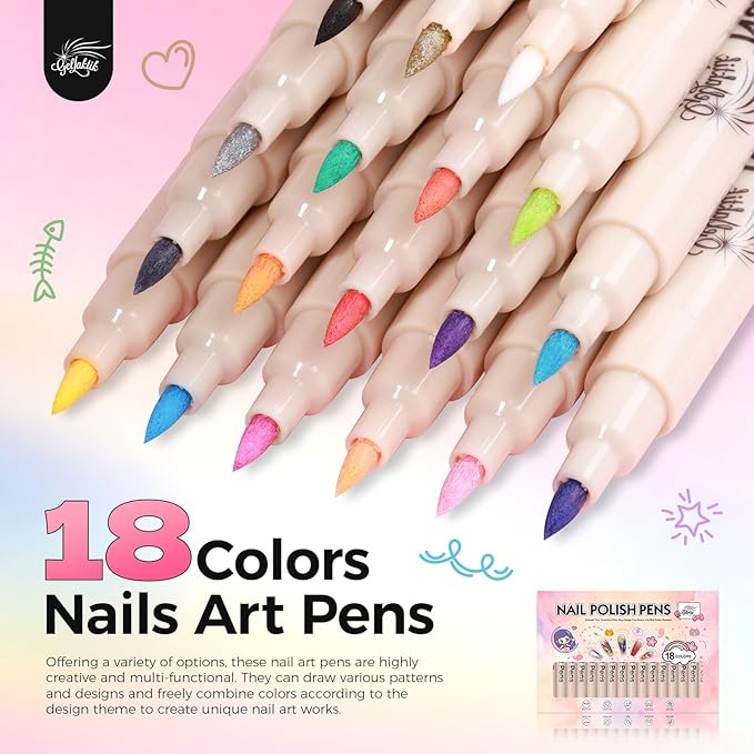 18 Colors Nail Art Pens Set, 3D Nail Polish Pens Quick-Drying Acrylic Paint Markers, Dotting Liner Brush for DIY Nail Design, Home & Salon Manicure Tools