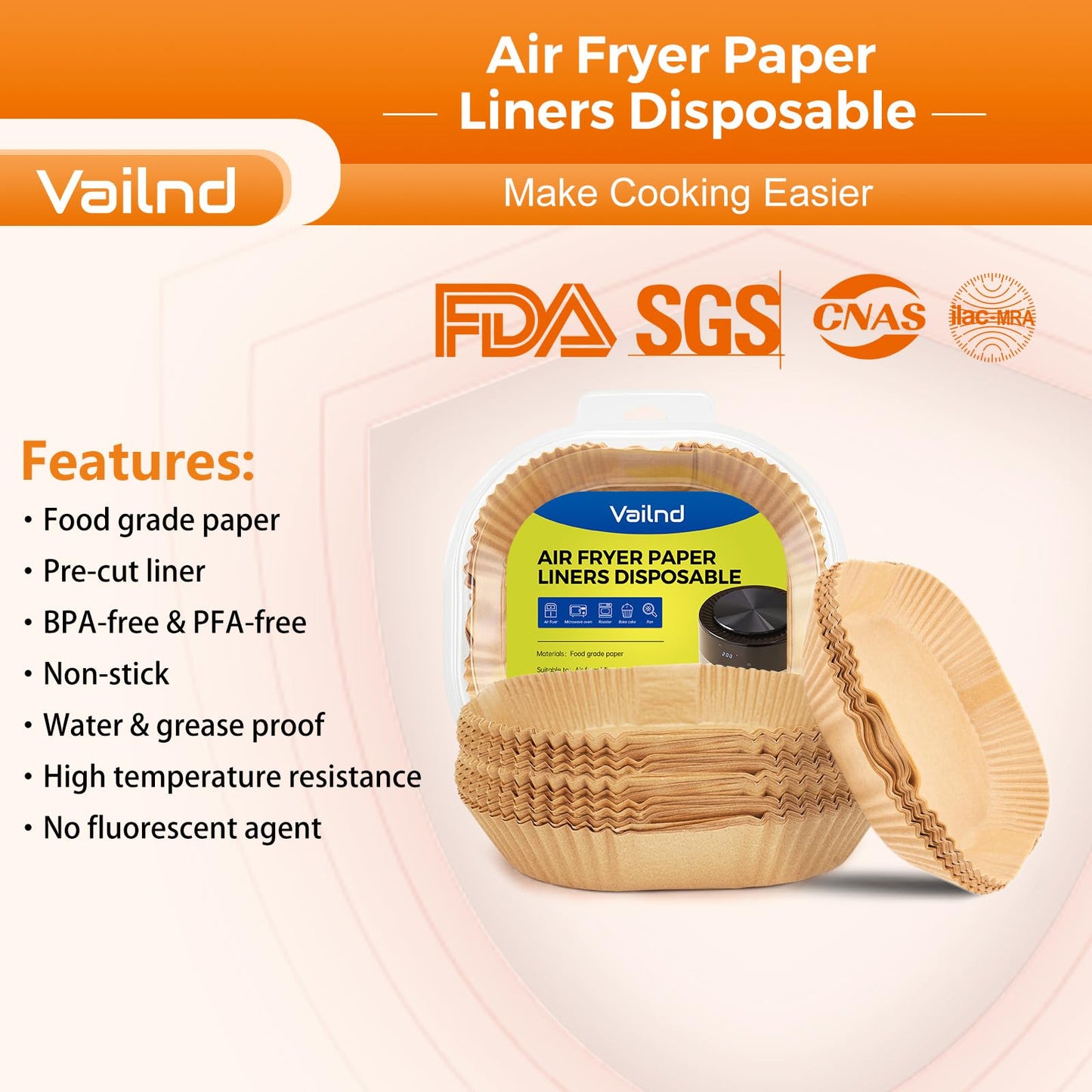Vailnd Air Fryer Disposable Paper Liners 9inch Square, 125PCS Non-Stick Food Grade Air Fryer Parchment Paper, Oil Resistant & Waterproof Baking Liner for 8-12 QT Air Fryer Oven