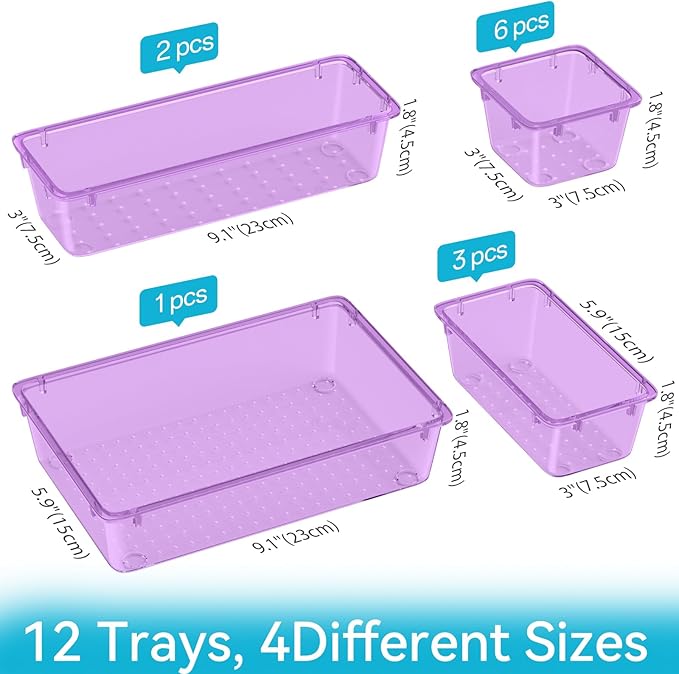 12-Piece Drawer Organizer Set, 4 Sizes Versatile Plastic Vanity Organizer for Makeup, Stationery, Gadgets, in Kitchen, Bathroom, Office, and Bedroom, Purple