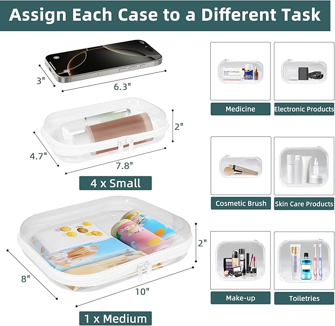Clear Hard Shell Zipper Cases (5 Packs), Plastic Hard Sided Zippers Pouches Clear Hardshell Pencil Case For Storage, Diaper Bag Organizer Bliss Bins 4*Small/1*Medium