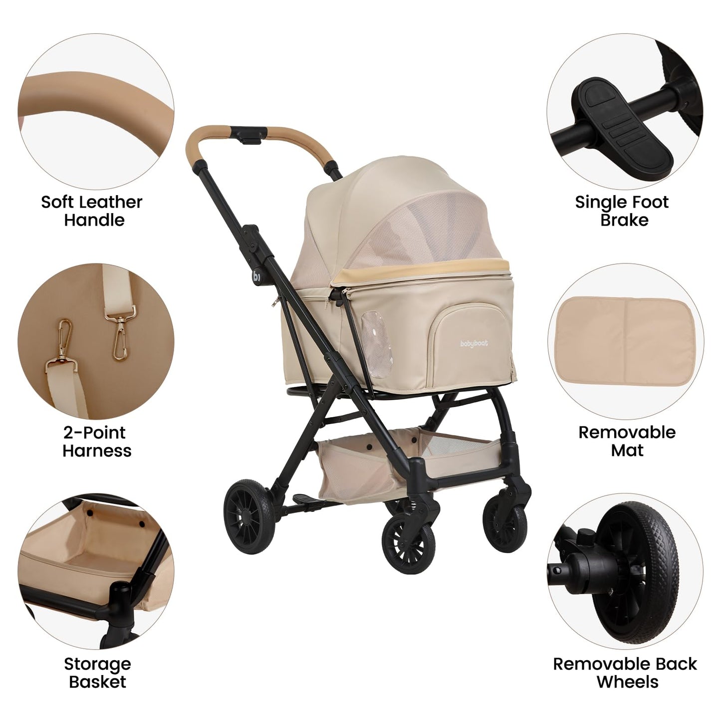 Foldable Dog Stroller Portable Compact Pet Stroller for Small Medium Dogs Cats Up to 35lbs One Click Folding Large Cat Carriage with Adjustable Canopy, Storage Basket - Khaki