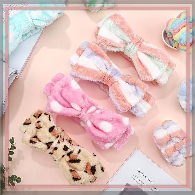 Janmini 36 Pcs Spa Headband and Wristbands Set for Washing Face Facial Spa Hair Wraps Makeup Skincare Bath Winter Gifts 12 Pcs Flannel Hairbands 24 Wristbands for Women Girls(Dot Stripe Leopard)