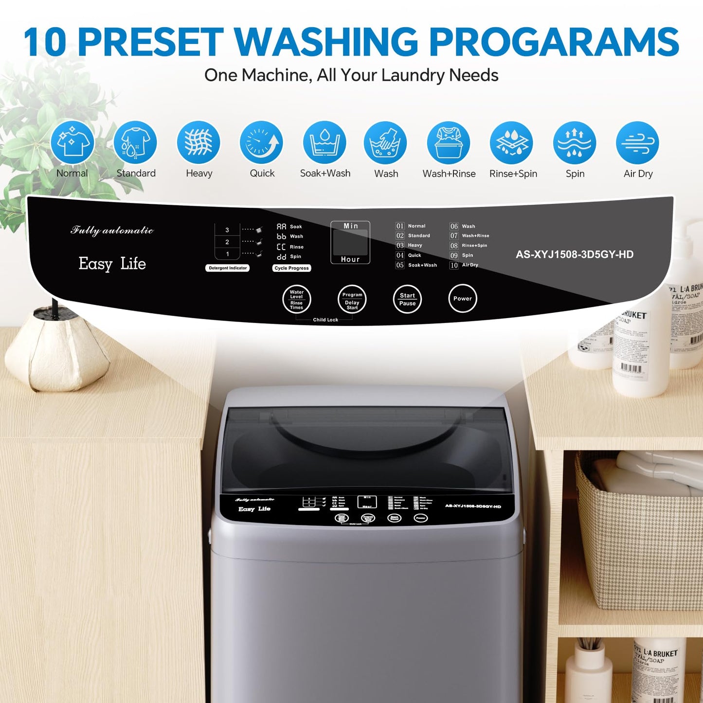 OLIXIS Portable Washing Machine, 7.7 lbs Full-Automatic Compact Laundry Washer, Stainless Steel Drum, 10 Wash Cycles, Auto-Balance Detection, LED Display, Mini Washer for Home, Apartment, Dorm, White