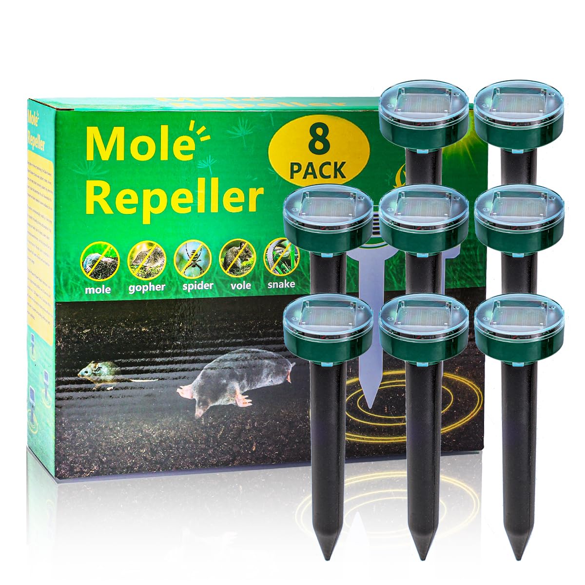 8PK new Mole Repellent for lawns Gopher Repellent Ultrasonic Solar Powered Snake Repellent Deterrent Mole Repeller Vole Repellent Outdoor Lawns Garden Yard All Pests Sonic Spikes Stakes Chaser upgrade