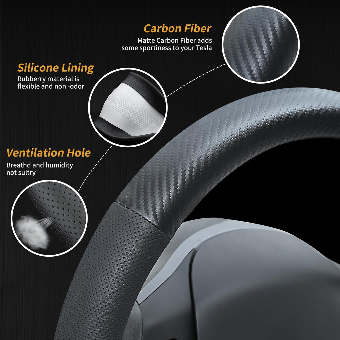 Uxcer Carbon Fiber Leather Steering Wheel Cover for Tesla Model 3/Y 2016-2025 2026 Juniper/Highland, Non-Slip Breathable Steering Wheel Protector for Tesla Model 3/Y Accessories 2026