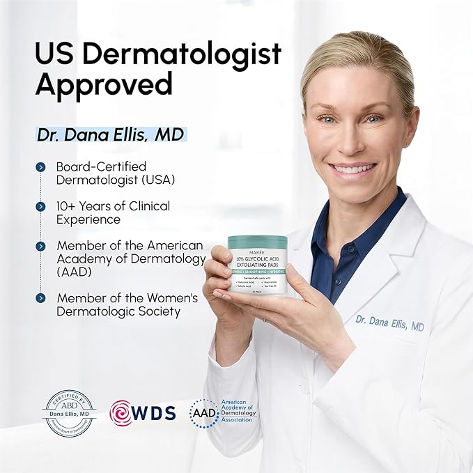 MAREE Glycolic Acid Resurfacing Pads - Toner Pads for Face Cleansing - Exfoliating Pad with Tea Tree Oil, Salicylic Acid & Vitamins E, B3, B5 - Acne Treatment Device for Pore Resurfacing - 50 Count