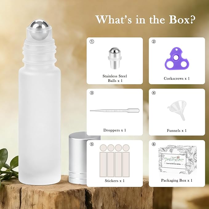 PrettyCare 4 Pack, 10 ml Essential Oil Roller Bottles with Stainless Steel Roller Ball - Refillable Leak-proof Empty Thick Frosted Glass Roll on Bottles with Silver Caps for Travel, Perfume