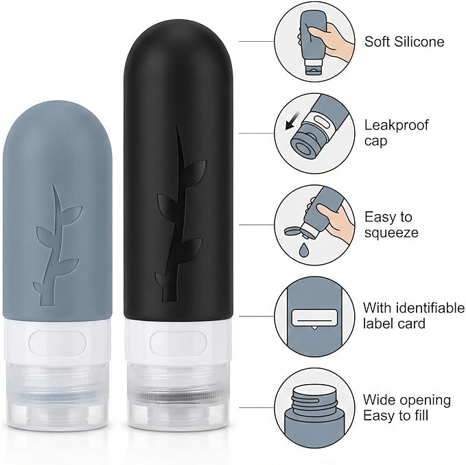 Travel Bottles Kit (16 Pack) - TSA Approved, Leak Proof Silicone Squeezable Containers for Toiletries. Complete Set with Jars, Sprayers & Bag (Black)