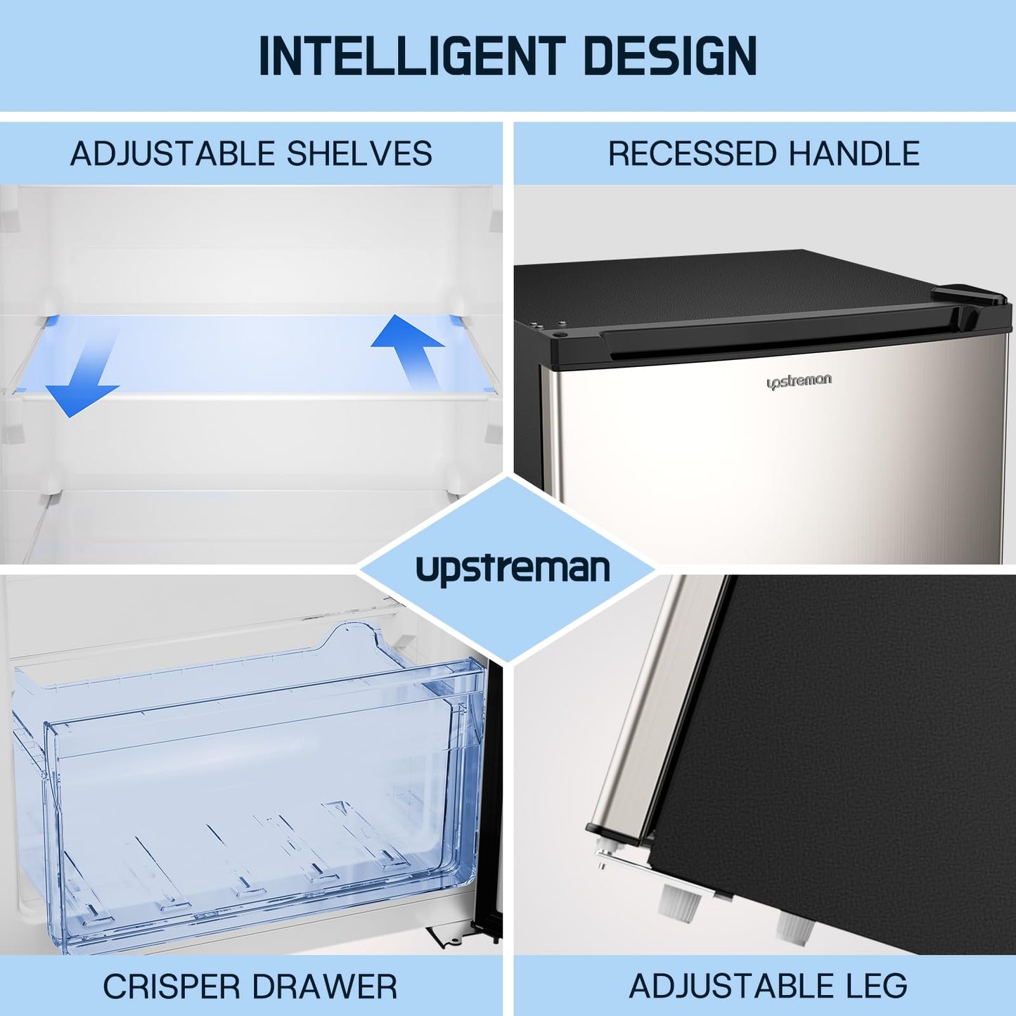 Upstreman 7.0 Cu.Ft Upright Freezer, Large Capacity Stand Up Freezers with 5 Adjustable Shelves, Convertible Refrigerator/Freezer, Reversible Door for Home, Basement, Apartment (Stainless)