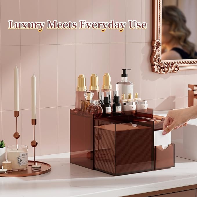 Youdepot Amber Acrylic Face Towel Holder with 3 Drawers, Disposable Face Towel Organizer for XL Facial Towels, Cotton Pads, Swabs, Skincare Tools, Bathroom Vanity Countertop Storage Box.