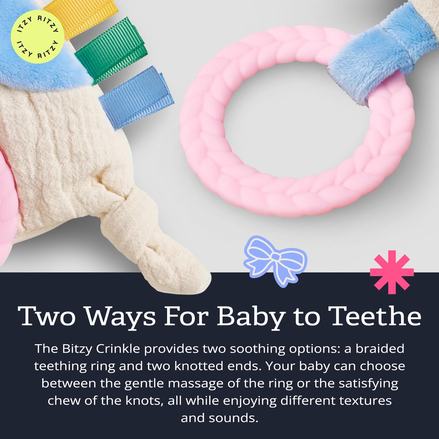 Itzy Ritzy - Bitzy Crinkle Sensory Toy for Babies & Toddlers — Features Crinkle Sound, Soft Braided Teething Toy Ring & Textured Ribbons — Gender Neutral Baby Item for Ages 0 Months & Up, Kitty
