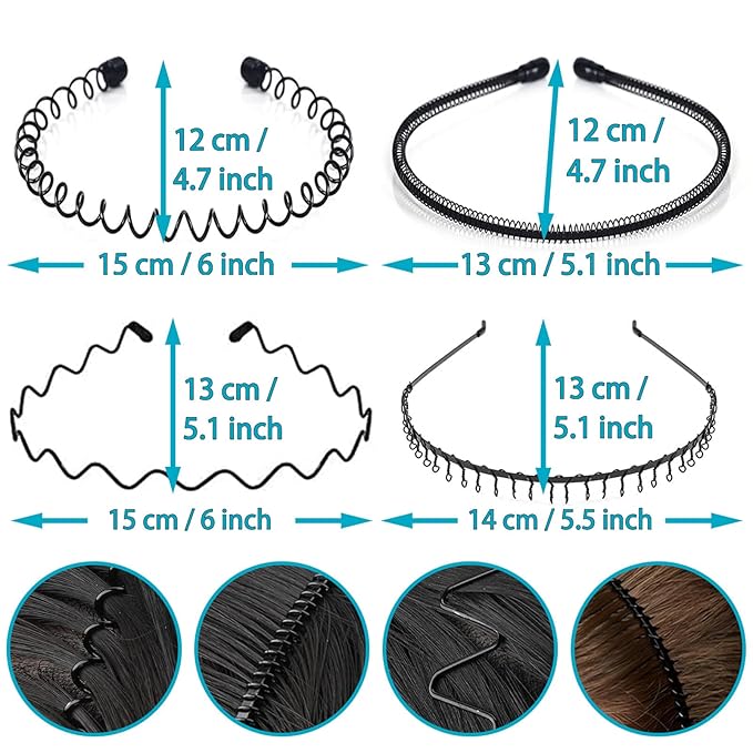 Metal Headband for Men, Unisex Black Wavy Spring Hair Band, Zig Zag Head Band, Fashion Elastic Hair Accessories, Multipack Options Available (8 Pack)