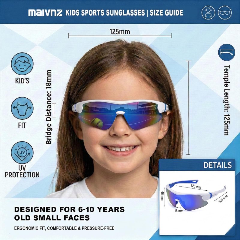 maivnz Youth Baseball Sunglasses for Boys and Girls Ages 6-12, Kids Sports Glasses for Softball Cycling, Helmet Compatible（White/Blue