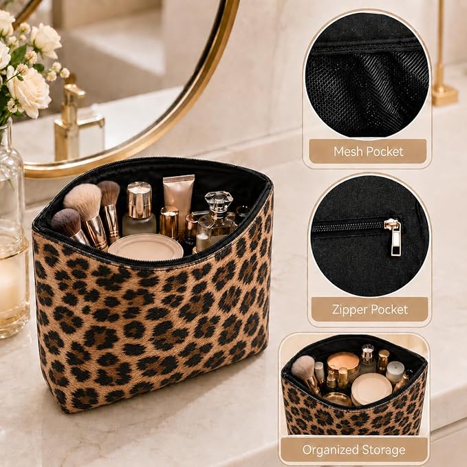 3PCS PU Leather Makeup Bag, Large Travel Cosmetic Pouch, Cute Toiletry Organizer for Women, Set of 3