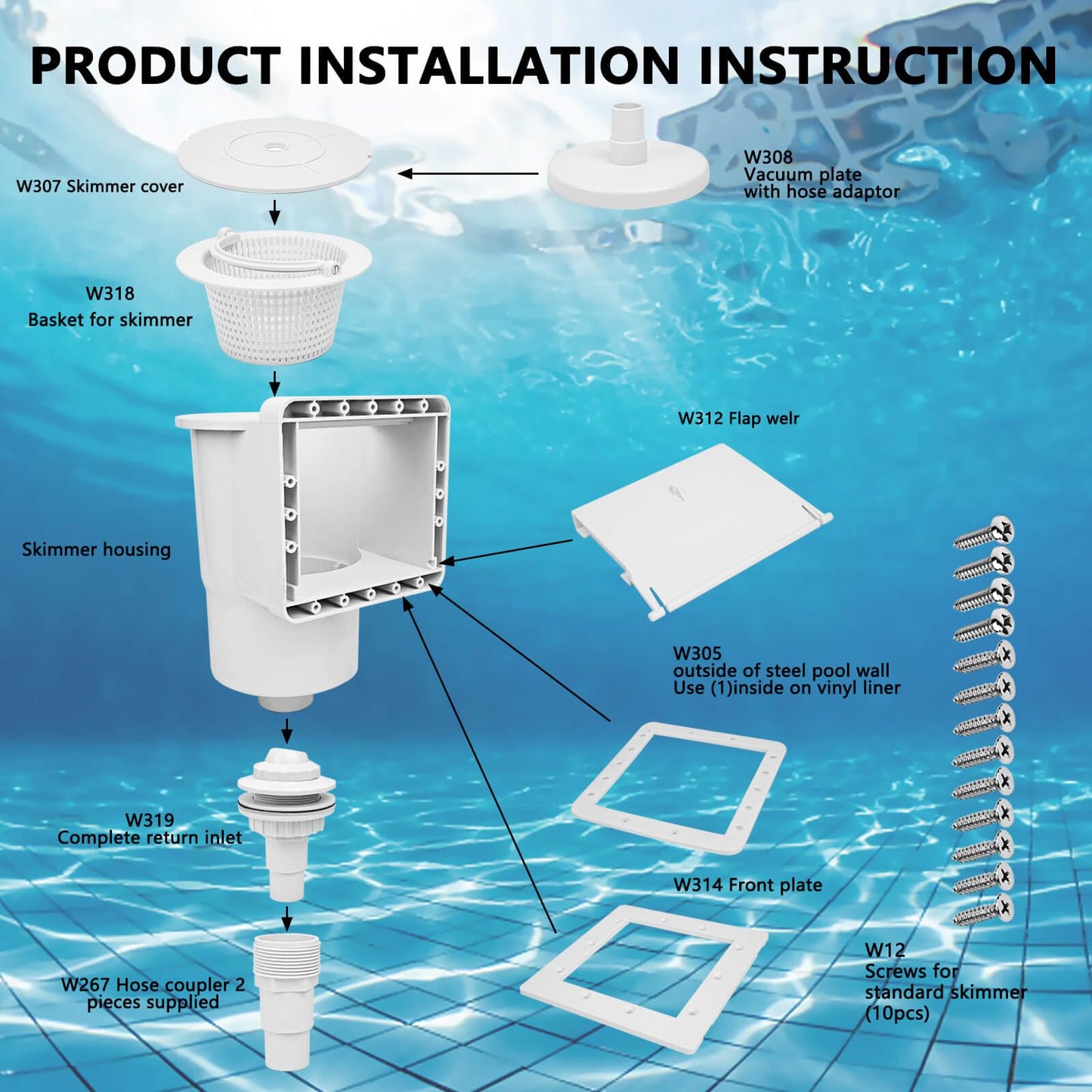 ZAIGANMA Above Ground Pool Skimmer, ABS Standard Thru-Wall Skimmer with Accessory Kit, Swimming Pool Skimmer, Opening Width 6 Inches Fits for All Standard Pool Wall, Replace #SP1091LX, 8940,45-400
