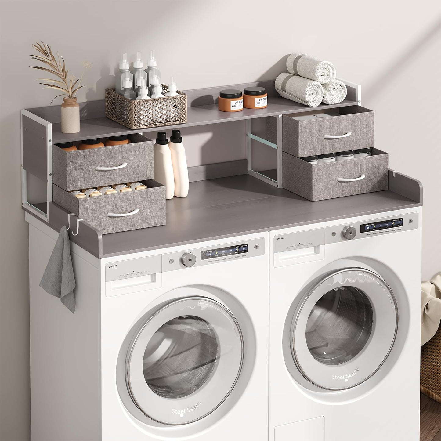4 Drawers Washer Dryer Countertop with Shelf, 27.5" D x 54" W Laundry Topper with 3.54" High Guardrails and Non-Slip Pads,Extra Storage Organizer for Over Washer and Dryer, Holds 66 Lbs, Light Grey