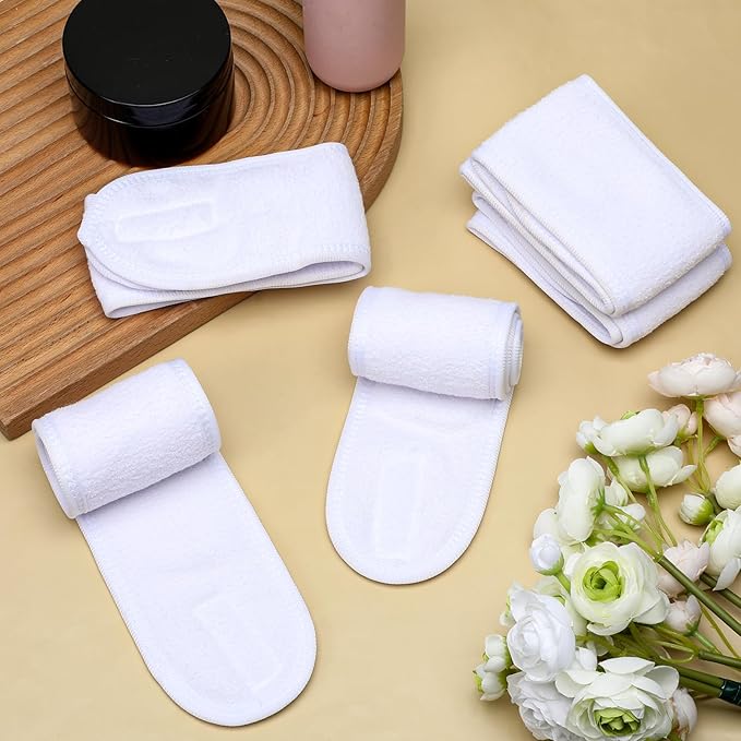 30 Pcs White Spa Headband, 23.6 x 3.3 Inch Soft Facial Headband Esthetician with Hook and Loop Tape Adjustable Terry Cloth Makeup Hair Wrap for Women Girls for Shower Face Washing Yoga Sports Makeup