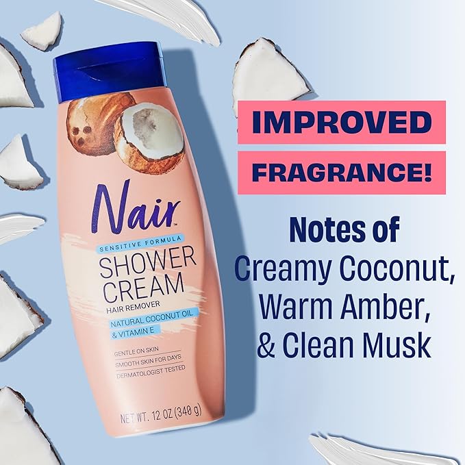 Nair Sensitive Shower Cream Hair Remover with Natural Coconut Oil and Vitamin E, Body Hair Removal Cream, 12 oz (Pack of 2)