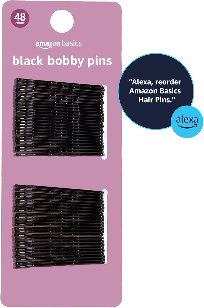 Amazon Basics No Slip Bobby Pins, Black High Gloss, 48 Count, for Pain-Free Comfortable All-Day Styling and Updos, All Hair Types