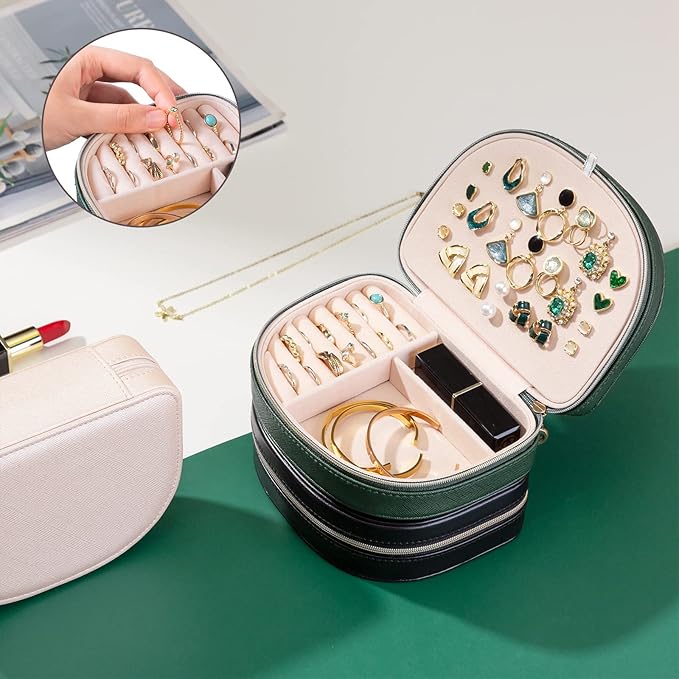 ProCase Travel Size Jewelry Box, Medium Portable Seashell-Shaped Jewelry Case, 2 Layer Jewelry Organizer in PU Leather for Women -Emerald