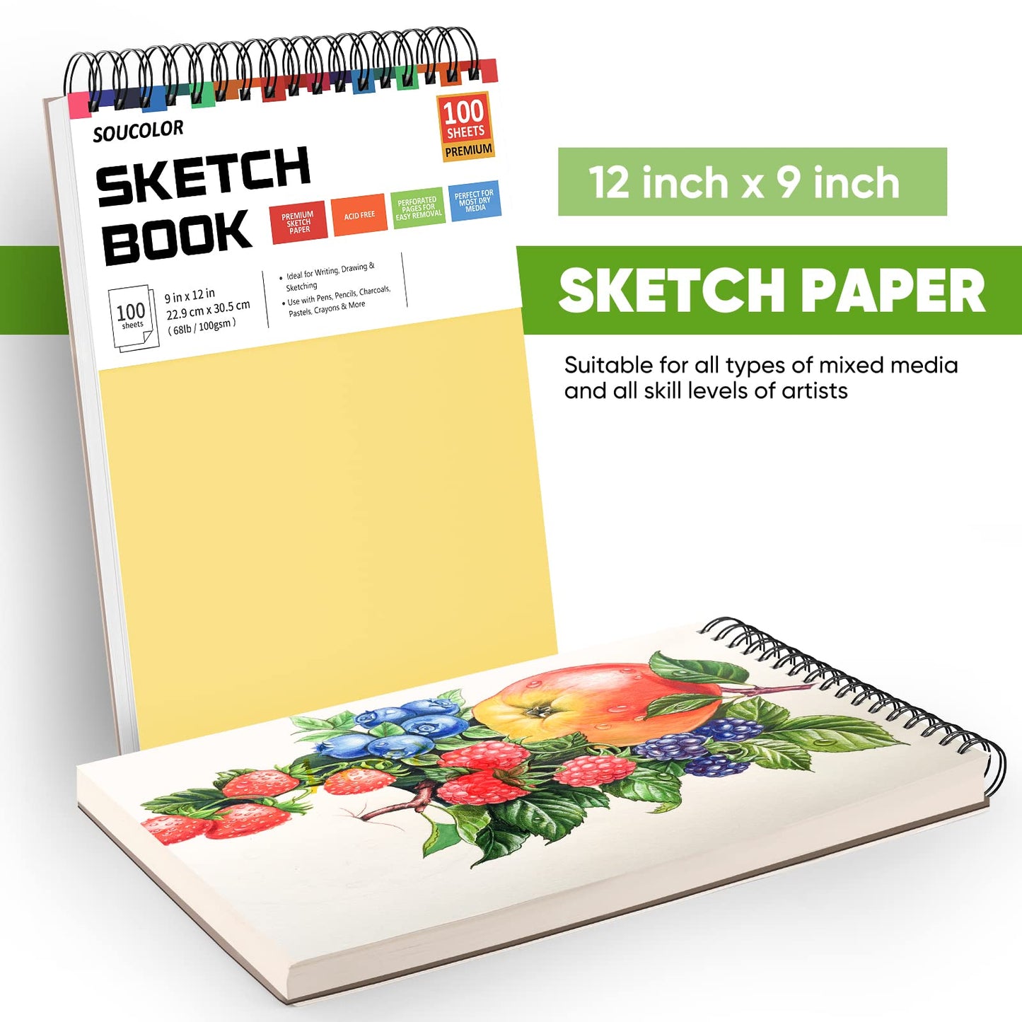 College Graduation Gifts, Nursing Student Essentials, Teacher Appreciation Gifts, Soucolor 9" x 12" Yellow Sketch Book, 1-Pack 100 Sheets Spiral Bound Drawing Paper