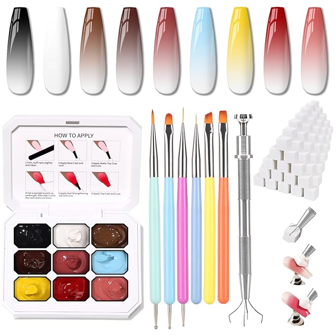 Christmas Gel Polish, 9 Colors Ombre Patting Gel Nail Polish Palette 100 Sponges 6 Brushes 1Grabber, Blending Color Gradient Painting Nails Art, No Wipe, UV/LED Cured (Set 04)