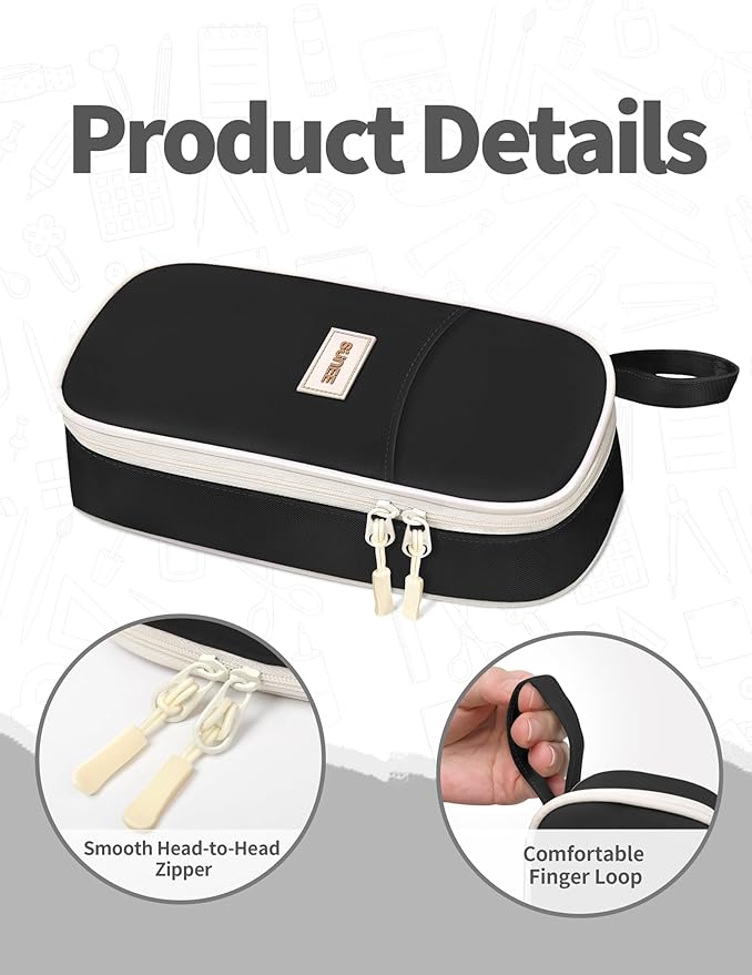 SUNEE Cute Pencil Case, Aesthetic Pen Pouch, Colored Large Pencil Bag with Zipper, Kawaii Stationery Storage and Organizer, School Supplies for Teen and Adult Girls, Black