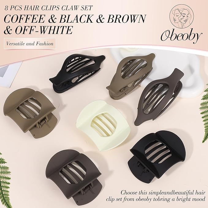 Obeoby 8 PCS Flat Claw Clips for Women, 2 Types French Flat Hair Clips Hair Accessories Barrettes Large Medium (Neutral Color)