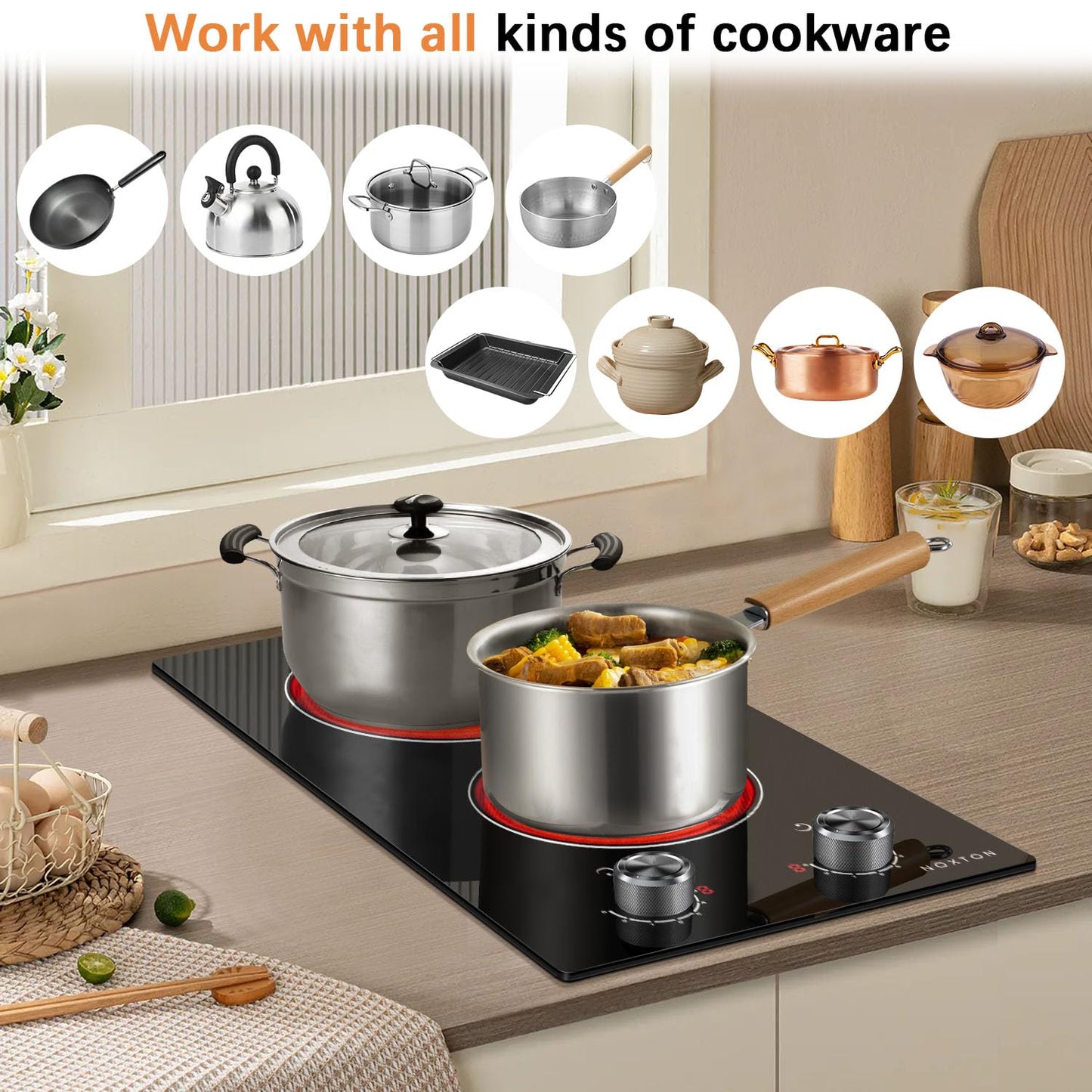 Noxton 24 Inch Electric Cooktop 4 Burners, Built in Electric stove top, Sensor Touch Ceramic Cooktop with Safety Lock, Timer, 6000W 240V (No Plug)