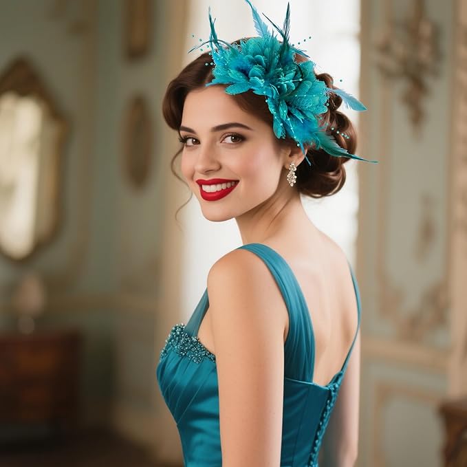 Womens Fascinators Hats Tea Party Hats for Women, Feather Pearl Veil Headband for Wedding Cocktail Dresses Accessories