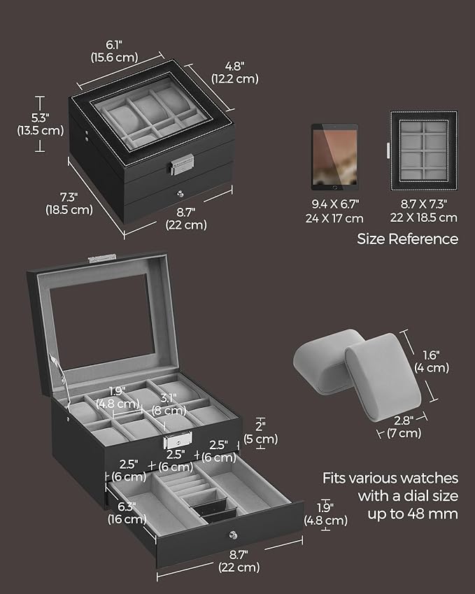 SONGMICS Watch Box, 8-Slot Watch Case Organizer with Large Glass Lid, 2 Layers, Removable Pillows, Metal Lock, Gift for Loved Ones, Black Synthetic Leather, Greenish Gray Lining UJWB080G01