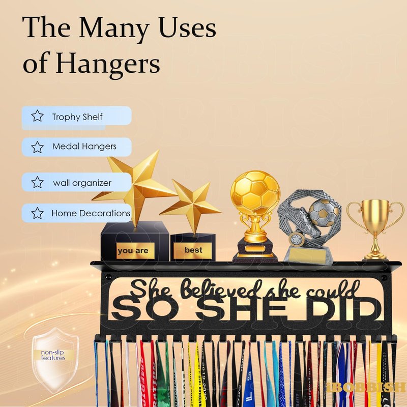 iBobbish Premium Trophy Shelf with Non-Slip Protect,She Believed She Could SO SHE DID Medal Holder For Girls,Medal Hanger Display Wall 16inchL,sports medal display Upgraded 20 Hooks Premium Black