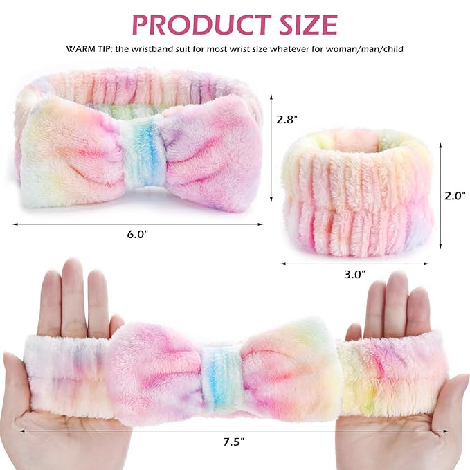 3PCS Spa Headband and Wristbands Set for Women, Soft Microfiber Face Wash Headband with Cute Bow, Elastic Absorbent Wrist Towels, Makeup Skincare Accessories for Facial, Shower, Yoga